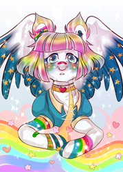 Size: 1500x2100 | Tagged: safe, artist:derrorro, derpibooru import, oc, oc only, pegasus, bandage, bandaid, collar, commission, crying, jewelry, multicolored hair, necklace, rainbow, rainbow hair, solo, ych result