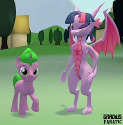 Size: 1886x1920 | Tagged: safe, artist:gradiusfanatic, derpibooru import, spike, twilight sparkle, dragon, pony, unicorn, 3d, dragoness, dragonified, female, male, one eye closed, ponified, ponified spike, source filmmaker, species swap, twilidragon, wink