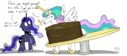 Size: 1280x566 | Tagged: safe, artist:addelum, derpibooru import, princess celestia, princess luna, alicorn, pony, atg 2021, cake, cakelestia, cross-popping veins, female, food, giant cake, knife, newbie artist training grounds, royal sisters, sibling love, siblings, sisterly love, sisters, table, that princess sure does love cake, this will end in cake or death