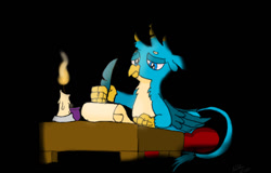 Size: 1280x820 | Tagged: safe, artist:addelum, derpibooru import, gallus, writing desk, griffon, atg 2021, candle, candlelight, candlestick, dark room, newbie artist training grounds, quill, scroll, solo, writing