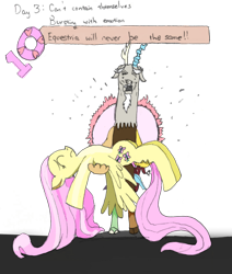 Size: 1280x1506 | Tagged: safe, artist:addelum, derpibooru import, discord, fluttershy, draconequus, pegasus, pony, atg 2021, bridal carry, carrying, crying, dc comics, duo, female, holding a pony, implied death, limp, male, newbie artist training grounds, simple background, transparent background