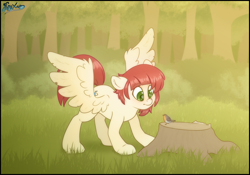 Size: 5000x3500 | Tagged: safe, artist:fluffyxai, derpibooru import, oc, oc only, oc:lexis arc, bird, bird pone, pegasus, pony, cute, forest, male, robin, spread wings, stallion, tree stump, wings