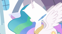 Size: 1280x706 | Tagged: safe, artist:mixermike622, derpibooru import, princess celestia, alicorn, pony, canterlot, female, gem, horn, horn impalement, jewelry, majestic as fuck, mare, pillow, pillow hat, regalia, smiling, solo, wings