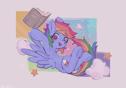 Size: 3423x2404 | Tagged: safe, artist:lexiedraw, derpibooru import, rainbow dash, pegasus, pony, book, female, flying, mare, open mouth, solo, stars