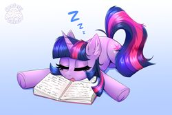 Size: 3000x2000 | Tagged: safe, artist:confetticakez, derpibooru import, twilight sparkle, unicorn twilight, pony, unicorn, blushing, book, cute, ear fluff, ears, eyes closed, female, high res, lying down, mare, newbie artist training grounds, onomatopoeia, open mouth, prone, sleeping, solo, sound effects, thick eyelashes, twiabetes, zzz