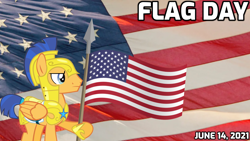 Size: 2064x1160 | Tagged: safe, artist:not-yet-a-brony, derpibooru import, edit, flash sentry, pegasus, pony, 2021, armor, flag, flag day, flag pole, flag waving, lyrics in the description, mouthpiece, patriotic, patriotism, royal guard armor, spear, united states, vector, vector edit, weapon, youtube link