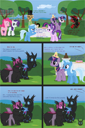 Size: 1419x2136 | Tagged: safe, artist:wheatley r.h., derpibooru exclusive, derpibooru import, pinkie pie, rarity, starlight glimmer, trixie, twilight sparkle, twilight sparkle (alicorn), unicorn twilight, oc, oc:lara, oc:myoozik the dragon, oc:twi clown, oc:w. rhinestone eyes, alicorn, changeling, pony, unicorn, comic:still hungry, angry, bat wings, blue blush, blue changeling, blushing, cake, changeling oc, chocolate fountain, chunkling, clothes, comic, crown, cutie mark, cutie mark on clothes, fat, female, food, glasses, hat, honeypot changeling, jewelry, male, mare, net, obese, pink changeling, regalia, self ponidox, shirt, stallion, swearing, table, top hat, vector, vulgar, watermark, wings