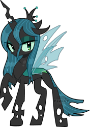 Size: 1837x2592 | Tagged: safe, alternate version, artist:blurry-kun, derpibooru import, queen chrysalis, changeling, changeling queen, commission, female, high res, one hoof raised, simple background, solo, transparent background