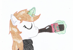 Size: 2483x1695 | Tagged: safe, artist:toshimatsu, derpibooru import, oc, oc only, oc:littlepip, pony, unicorn, fallout equestria, bottle, drinking, eyes closed, fanfic, fanfic art, female, glowing horn, horn, magic, mare, simple background, sparkle cola, telekinesis, traditional art