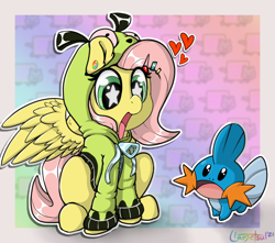 Size: 732x646 | Tagged: safe, artist:llametsul, derpibooru import, fluttershy, pegasus, pony, antonymph, atg 2021, clothes, crossover, excited, fanart, female, floating heart, fluttgirshy, hairclip, heart, hoodie, mudkip, newbie artist training grounds, nyan cat, open mouth, piercing, pokémon, signature, smiling, so i herd u liek mudkipz, starry eyes, wingding eyes, wings, zipper