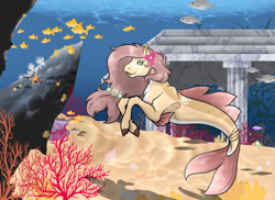 Size: 1024x745 | Tagged: safe, artist:pipsqueak09, derpibooru import, oc, oc only, fish, hippocampus, merpony, seapony (g4), coral, dorsal fin, fins, flower, flower in hair, flowing mane, flowing tail, ocean, open mouth, seaweed, smiling, solo, starfish, tail, underwater, water