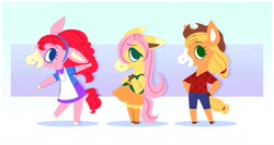 Size: 2153x1149 | Tagged: safe, artist:syrupyyy, derpibooru import, applejack, fluttershy, pinkie pie, anthro, horse, pony, alternate hairstyle, animal crossing, applejack's hat, apron, clothes, coat markings, cowboy hat, crossover, dress, female, flannel, freckles, hairband, hat, open mouth, shirt, shoes, shorts, skirt, socks, stockings, t-shirt, thigh highs, trio