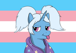 Size: 7016x4961 | Tagged: safe, artist:viren, derpibooru import, trixie, pony, :p, alternate hairstyle, babysitter trixie, clothes, hoodie, pigtails, pride, pride flag, solo, tongue, tongue out, trans trixie, transgender, transgender pride flag