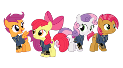 Size: 5360x3008 | Tagged: safe, artist:concordisparate, artist:dashiesparkle, artist:luckreza8, artist:ponygamer2020, derpibooru import, apple bloom, babs seed, scootaloo, sweetie belle, earth pony, pegasus, pony, unicorn, fallout equestria, one bad apple, absurd resolution, adorababs, adorabloom, apple bloom's bow, bow, clothes, cute, cutealoo, cutie mark, cutie mark crusaders, diasweetes, fallout, female, filly, group, hair bow, happy, jumpsuit, pipboy, simple background, smiling, the cmc's cutie marks, transparent background, vault suit, vector