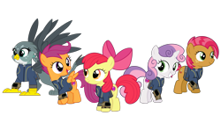 Size: 5360x3008 | Tagged: safe, artist:concordisparate, artist:dashiesparkle, artist:luckreza8, artist:ponygamer2020, artist:sonofaskywalker, derpibooru import, apple bloom, babs seed, gabby, scootaloo, sweetie belle, earth pony, griffon, pegasus, pony, unicorn, fallout equestria, one bad apple, the fault in our cutie marks, absurd resolution, adorababs, adorabloom, apple bloom's bow, bow, clothes, cute, cutealoo, cutie mark, cutie mark crusaders, diasweetes, fallout, female, filly, gabbybetes, group, hair bow, happy, jumpsuit, pipboy, simple background, smiling, the cmc's cutie marks, transparent background, vault suit, vector