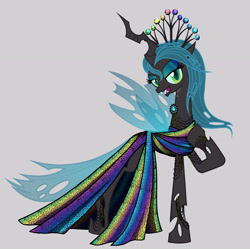 Size: 3424x3404 | Tagged: safe, artist:mylittlepastafarian, derpibooru import, queen chrysalis, changeling, changeling queen, 1000 years in photoshop, alternate hairstyle, bracelet, clothes, crown, dress, eyeshadow, female, gray background, high res, hoof on chest, iridescence, jewelry, lidded eyes, looking at you, makeup, open mouth, open smile, raised hoof, raised leg, regalia, simple background, smiling, smiling at you, solo