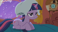 Size: 1280x714 | Tagged: safe, derpibooru import, screencap, twilight sparkle, unicorn twilight, pony, unicorn, friendship is magic, bed, bedroom, clock, female, golden oaks library, lying down, mare, night, pillow, pillow hat, prone, solo, stars, twilight is not amused, unamused