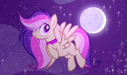 Size: 3045x1795 | Tagged: safe, artist:petruse4ka, derpibooru import, oc, oc only, pegasus, pony, choker, ethereal mane, eyelashes, female, flying, full moon, mare, moon, night, pegasus oc, starry mane, stars, wings