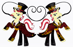 Size: 4443x2864 | Tagged: safe, artist:mylittlepastafarian, derpibooru import, flam, flim, pony, unicorn, 1000 years in photoshop, boots, brothers, clothes, coat, duo, duo male, facial hair, flim flam brothers, grin, hat, high res, looking at you, male, moustache, necktie, pants, shirt, shoes, siblings, simple background, smiling, smiling at you, stallion, tearing, top hat, twins, whip, white background