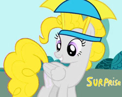 Size: 454x360 | Tagged: safe, derpibooru import, edit, surprise, pegasus, pony, g4, 2009, female, hat, looking down, mare, recolor, show bible, show pilot, smiling, solo, umbrella, umbrella hat, wings