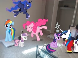 Size: 4160x3120 | Tagged: safe, derpibooru import, discord, princess luna, rainbow dash, shining armor, sweetie belle, twilight sparkle, unicorn twilight, alicorn, earth pony, pegasus, pony, unicorn, eyes closed, female, flying, high res, irl, looking at you, male, mare, open mouth, open smile, photo, ponies in real life, sitting, smiling, smiling at you, stallion, statue, statue discord