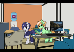 Size: 4092x2893 | Tagged: safe, artist:syntiset, princess celestia, oc, oc only, oc:sapphie, oc:violet evergard, pegasus, pony, unicorn, background, book, business suit, chair, clothes, commission, duo, ear piercing, earring, eye clipping through hair, female, freckles, glasses, jewelry, keyboard, lock screen, mare, monitor, obey, office, pegasus oc, pen, piercing, ponybooru, table, unicorn oc, water cooler, windows, windows 10