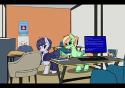 Size: 4092x2893 | Tagged: safe, alternate version, artist:syntiset, ponybooru exclusive, princess celestia, oc, oc only, oc:sapphie, oc:violet evergard, pegasus, pony, unicorn, background, blue screen of death, book, business suit, chair, clothes, commission, duo, ear piercing, earring, female, freckles, glasses, jewelry, keyboard, lock screen, mare, monitor, obey, office, pegasus oc, pen, piercing, ponybooru, table, unicorn oc, water cooler, windows, windows 10