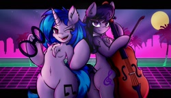 Size: 2048x1171 | Tagged: safe, artist:canvymamamoo, dj pon-3, octavia melody, vinyl scratch, anthro, earth pony, unicorn, arm hooves, belly button, blushing, bow (instrument), bowtie, breasts, cello, cello bow, chest fluff, dock, duo, ear fluff, ears, female, heart eyes, holding, lidded eyes, looking at you, mare, musical instrument, one eye closed, open mouth, retrowave, smiling, sunglasses, underhoof, vaporwave, wingding eyes
