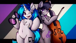 Size: 2048x1171 | Tagged: safe, alternate version, artist:canvymamamoo, dj pon-3, octavia melody, vinyl scratch, anthro, earth pony, unicorn, abstract background, arm hooves, belly button, blushing, bow (instrument), bowtie, breasts, cello, cello bow, chest fluff, dock, duo, ear fluff, ears, female, heart eyes, holding, lidded eyes, looking at you, mare, musical instrument, one eye closed, open mouth, smiling, sunglasses, underhoof, wingding eyes