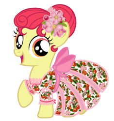 Size: 1086x1156 | Tagged: safe, artist:mylittlepastafarian, derpibooru import, apple bloom, earth pony, pony, alternate hairstyle, clothes, dress, ear piercing, earring, female, filly, flower, flower in hair, jewelry, open mouth, piercing, raised hoof, raised leg, simple background, solo, white background