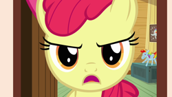 Size: 1280x720 | Tagged: safe, derpibooru import, screencap, apple bloom, rainbow dash, earth pony, pony, just for sidekicks, season 3, apple bloom is not amused, balloon rainbow dash, bust, female, filly, frown, looking at you, narrowed eyes, open mouth, portrait, solo, talking, treehouse, unamused