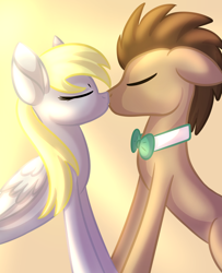 Size: 782x961 | Tagged: safe, artist:fallsplash, derpibooru import, derpy hooves, doctor whooves, earth pony, pegasus, pony, bowtie, doctorderpy, eyes closed, female, kissing, male, mare, shipping, stallion, straight