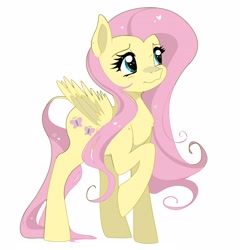 Size: 3384x3520 | Tagged: safe, artist:sonatadusklover, derpibooru import, fluttershy, pegasus, pony, blushing, female, folded wings, high res, looking away, mare, one hoof raised, raised hoof, raised leg, simple background, smiling, solo, standing, three quarter view, white background, wings