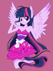 Size: 2256x3032 | Tagged: safe, artist:sonatadusklover, derpibooru import, twilight sparkle, equestria girls, equestria girls (movie), armpits, bare shoulders, breasts, cleavage, cute, fall formal outfits, headlight sparkle, ponied up, simple background, sleeveless, solo, spread wings, strapless, twiabetes, wings