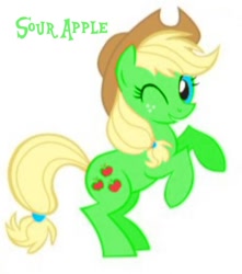 Size: 720x814 | Tagged: safe, artist:lauren faust, derpibooru import, edit, editor:pagiepoppie12345, oc, oc:sour apple, earth pony, pony, bipedal, cowboy hat, female, hat, looking at you, needs more jpeg, not applejack, one eye closed, rearing, recolor, simple background, smiling, solo, the power-up ponies, white background, wink, winking at you