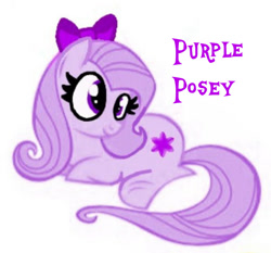 Size: 720x672 | Tagged: safe, artist:lauren faust, derpibooru import, edit, editor:pagiepoppie12345, oc, oc:purple posey, earth pony, pony, bow, hair bow, lying down, needs more jpeg, prone, recolor, simple background, smiling, solo, the power-up ponies, white background