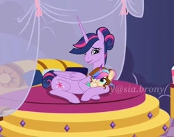 Size: 636x501 | Tagged: safe, artist:sia.brony, derpibooru import, twilight sparkle, twilight sparkle (alicorn), oc, oc:sia, alicorn, pony, alicorn oc, baby, baby pony, bed, duo, female, filly, hair bun, horn, indoors, lying down, mare, mother and child, mother and daughter, offspring, parent and child, parent:twilight sparkle, prone, smiling, tail bun, ultimate twilight, watermark, wings