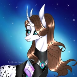 Size: 1000x1000 | Tagged: safe, artist:sia.brony, derpibooru import, oc, oc only, pony, unicorn, bust, clothes, curved horn, female, horn, looking back, mare, smiling, solo, space, stars, unicorn oc