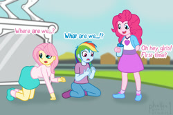 Size: 1280x854 | Tagged: safe, artist:phallen1, derpibooru import, fluttershy, pinkie pie, rainbow dash, equestria girls, atg 2021, equestria girls-ified, humans doing horse things, newbie artist training grounds, pony to human, species swap, statue, transformation, transformed