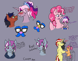 Size: 1280x1005 | Tagged: safe, artist:jolliapplegirl, derpibooru import, flim, pinkie pie, oc, oc:capoeira, oc:rigel latchkey, oc:sirius veil, earth pony, pony, unicorn, blushing, colt, dialogue, female, groucho mask, magical lesbian spawn, male, mare, next generation, offspring, parent:apple bloom, parent:princess celestia, parent:tender taps, parent:twilight sparkle, parents:tenderbloom, parents:twilestia, scar