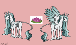 Size: 2530x1500 | Tagged: safe, artist:misskanabelle, derpibooru import, oc, oc only, alicorn, pony, unicorn, alicorn oc, curved horn, duo, female, flower, hoof fluff, horn, leonine tail, mare, signature, simple background, smiling, two toned wings, unicorn oc, wings