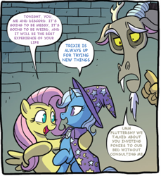 Size: 750x818 | Tagged: safe, derpibooru import, edit, idw, discord, fluttershy, trixie, spoiler:comic, spoiler:comic97, comic, sluttershy, text edit