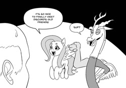 Size: 1280x902 | Tagged: safe, artist:fuzzgod5, derpibooru import, discord, fluttershy, draconequus, human, pegasus, pony, atg 2021, black and white, captain picard, dialogue, female, grayscale, jean-luc picard, male, mare, monochrome, newbie artist training grounds, offscreen character, speech bubble, star trek, star trek: the next generation, sweat, sweatdrop, trio, voice actor joke