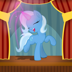 Size: 4000x4000 | Tagged: safe, artist:pizzamovies, derpibooru import, trixie, pony, unicorn, absurd resolution, chest fluff, curtains, cute, cutie mark, diatrixes, eyes closed, female, glowing horn, happy, horn, magic, mare, open mouth, open smile, smiling, solo, sparkles, stage