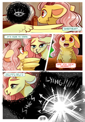 Size: 2100x3000 | Tagged: safe, artist:loryska, derpibooru import, fluttershy, oc, oc:larkspur, draconequus, hybrid, pony, comic:friendship grows, blood, high res, interspecies offspring, nosebleed, offspring, parent:discord, parent:fluttershy, parents:discoshy, younger