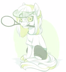 Size: 1984x2160 | Tagged: safe, artist:megabait, derpibooru import, oc, oc only, earth pony, pony, aggression, baseball cap, cap, clothes, earth pony oc, female, gritted teeth, hat, high res, mare, mouth hold, shirt, shorts, sitting, sketch, solo, sports, t-shirt, tennis, tennis racket