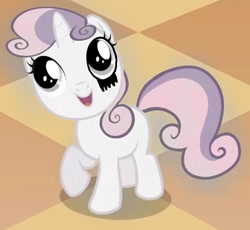 Size: 720x662 | Tagged: safe, derpibooru import, edit, edited screencap, screencap, sweetie belle, pony, unicorn, sisterhooves social, 1000 hours in ms paint, black goo, black tears, desaturated, gray eyes, smiling