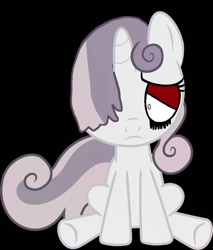 Size: 900x1056 | Tagged: safe, derpibooru import, sweetie belle, pony, unicorn, one bad apple, .exe, black background, black goo, black tears, eyeshadow, female, gray eyes, hair over one eye, red eyeshadow, sadness, simple background, sitting, vector