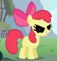 Size: 501x537 | Tagged: safe, derpibooru import, edit, edited screencap, screencap, apple bloom, earth pony, pony, .exe, 1000 hours in ms paint, apple bloom's bow, black sclera, bow, evil, female, hair bow, looking at you, red eyes, smiling, solo, zalgo