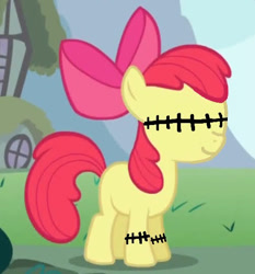 Size: 501x537 | Tagged: safe, derpibooru import, edit, edited screencap, screencap, apple bloom, earth pony, pony, .exe, 1000 hours in ms paint, bow, female, hair bow, smiling, solo, stitched eyes, stitches